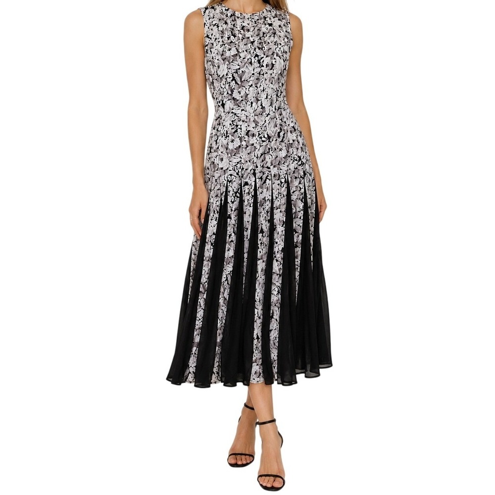 Tuckernuck Andi Midnight Garden Black White Floral Pleated Midi‎ Dress 6 NWT
